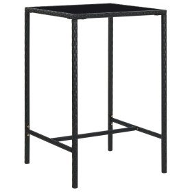 Mesa alta de jardín ratán sintético y vidrio negro 70x70x110