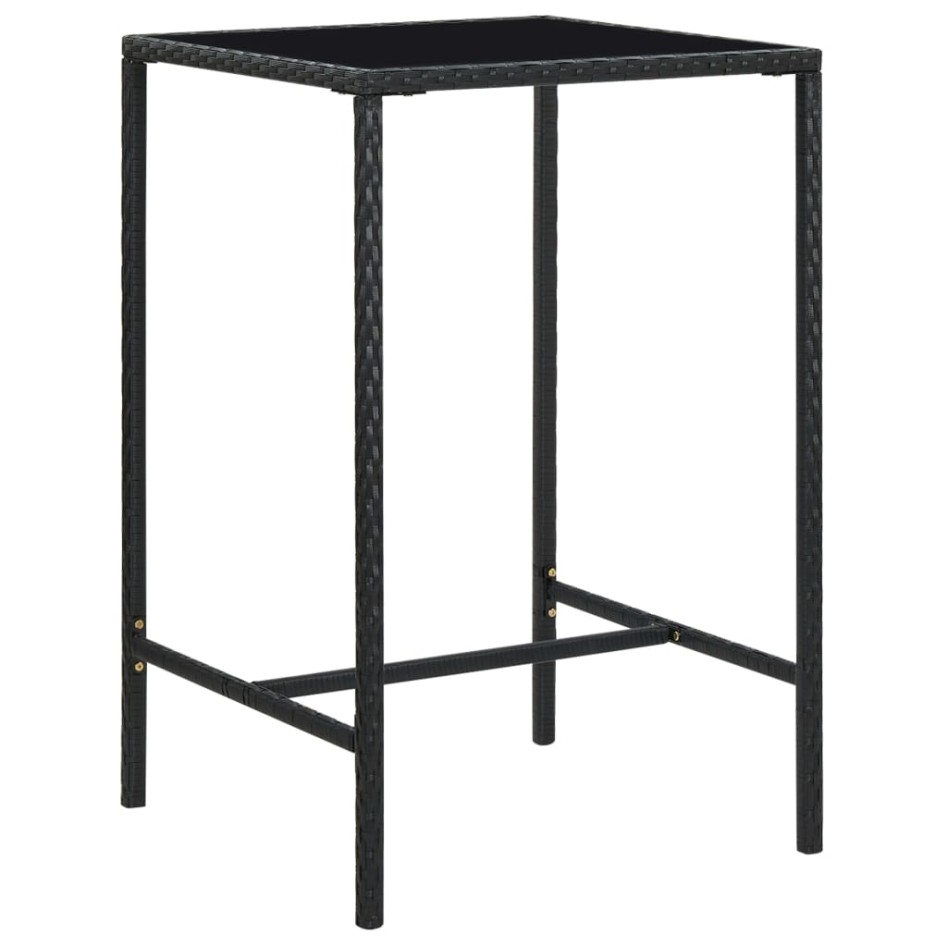 Mesa alta de jardín ratán sintético y vidrio negro 70x70x110