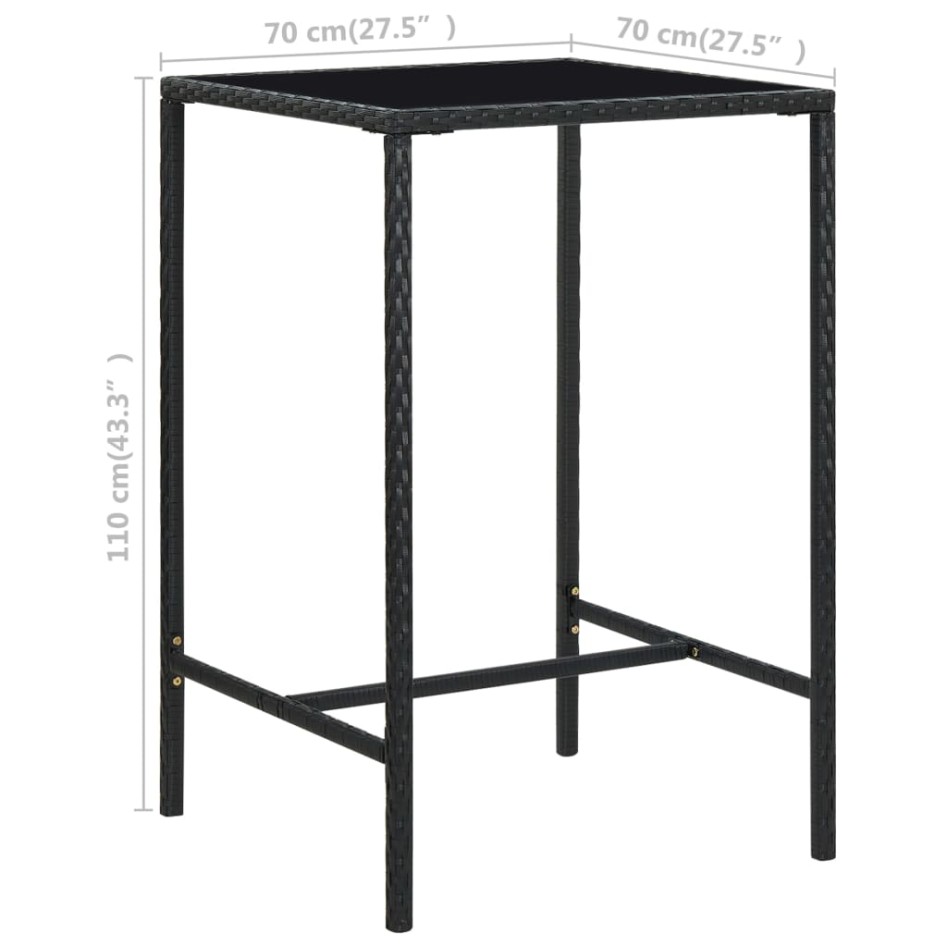 Mesa alta de jardín ratán sintético y vidrio negro 70x70x110