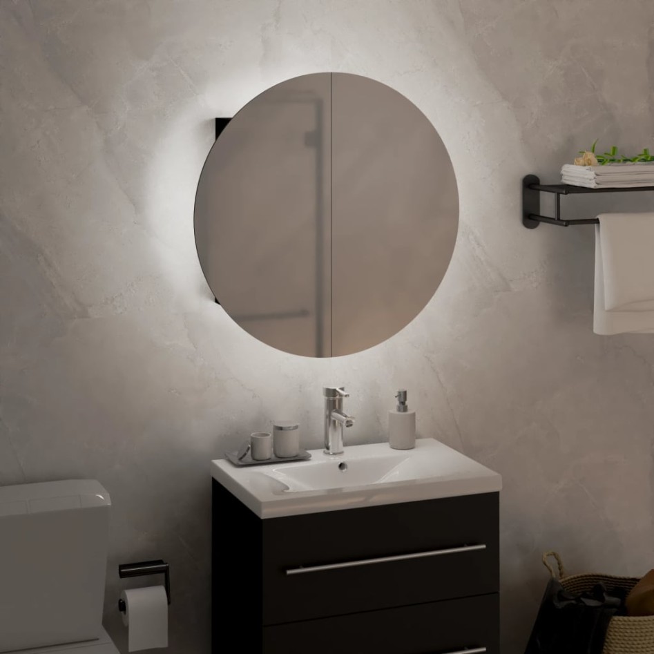 Armario de baño con espejo redondo y LED negro 40x40x17,5