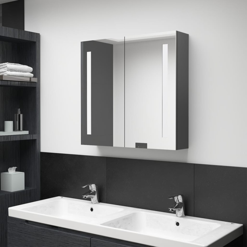 Armario de baño con espejo y LED gris 62x14x60