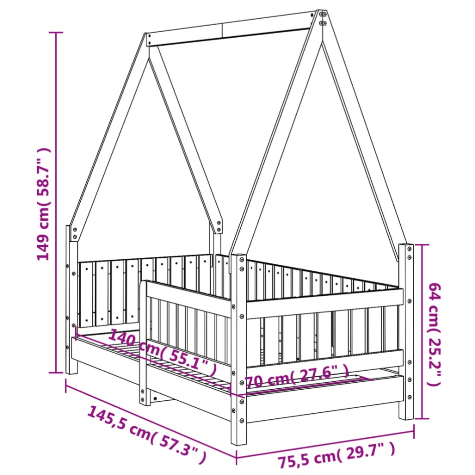 Estructura de cama para niños madera maciza de pino 70x140