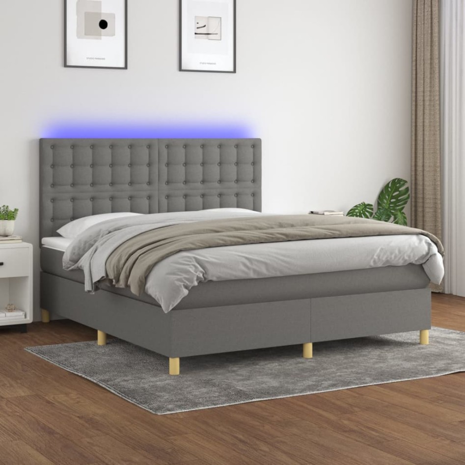 Cama box spring colchón y luces LED tela gris oscuro 160x200