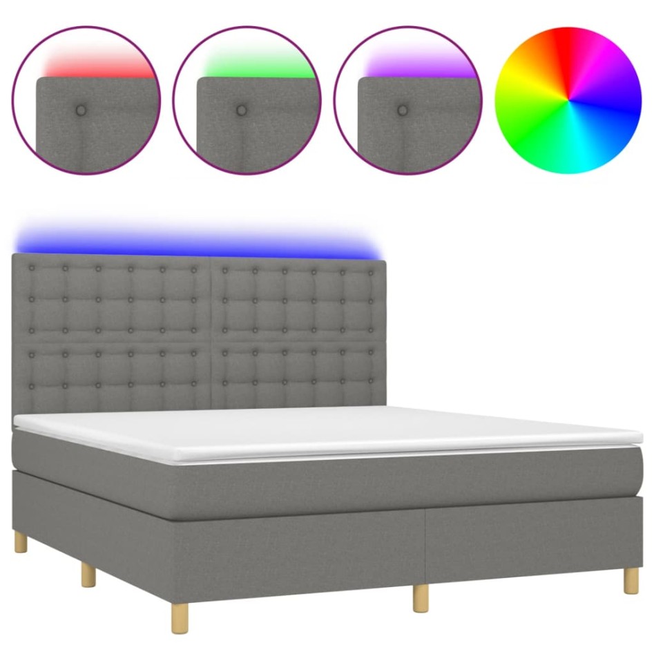 Cama box spring colchón y luces LED tela gris oscuro 160x200