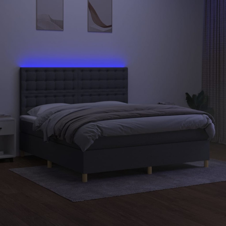 Cama box spring colchón y luces LED tela gris oscuro 160x200