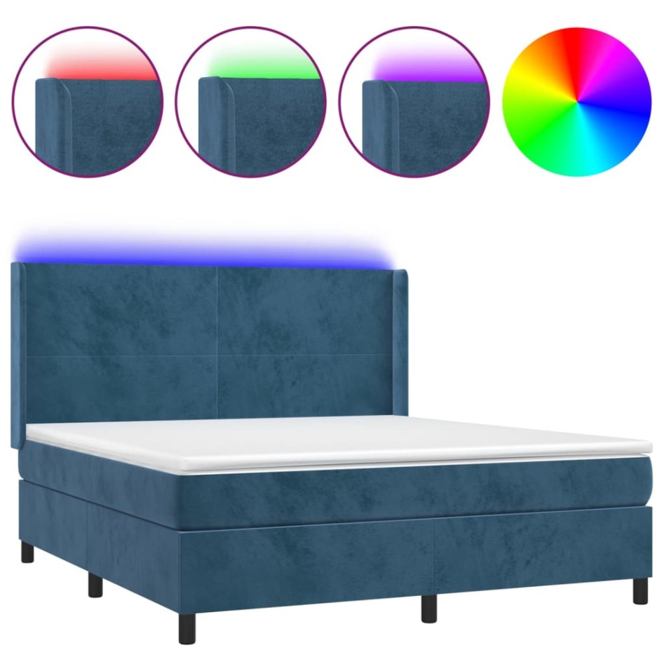 Cama box spring colchón y LED terciopelo azul oscuro 160x200