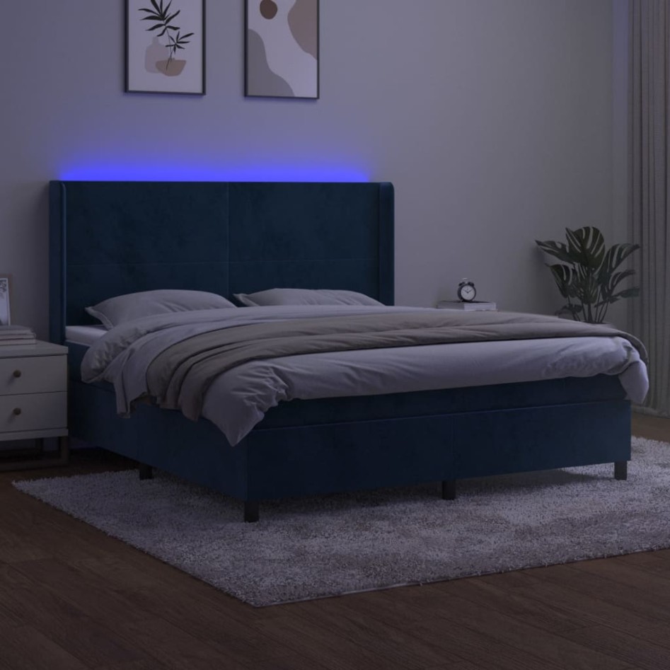 Cama box spring colchón y LED terciopelo azul oscuro 160x200