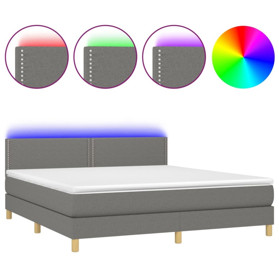 Cama box spring con colchón y LED tela gris oscuro 180x200