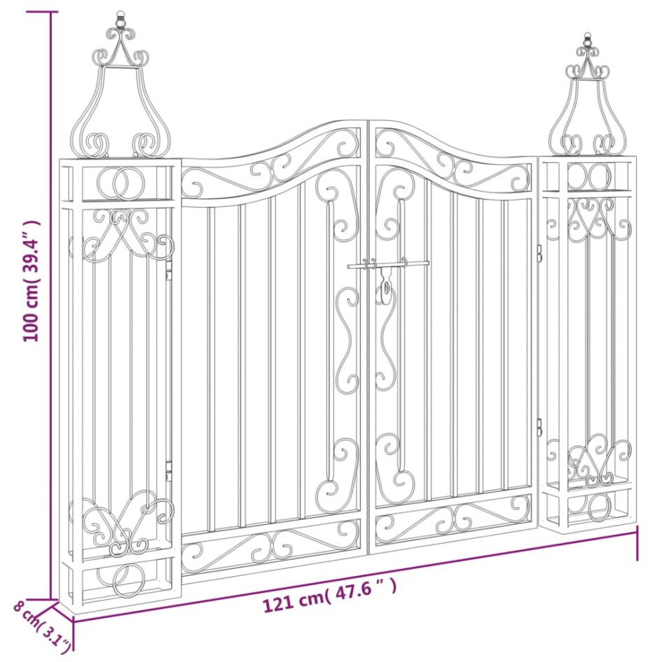 Puerta de jardín de hierro forjado negro 121x8x100