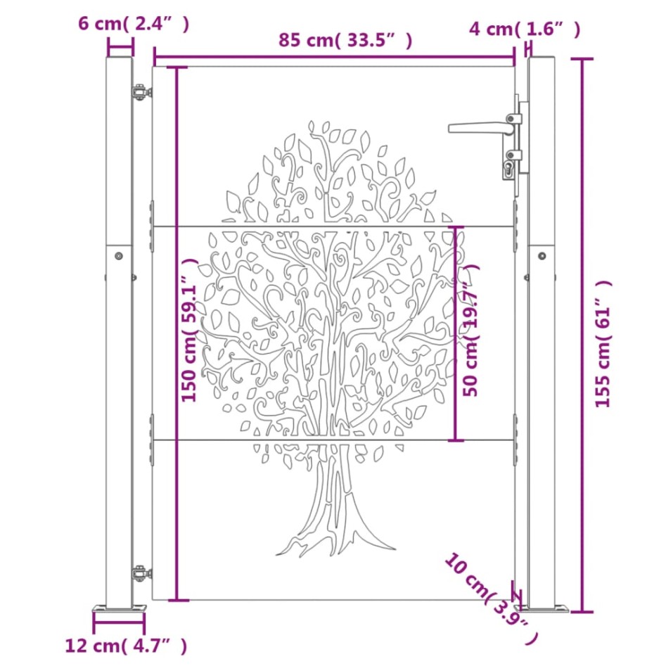 Puerta de jardín acero corten diseño árbol 105x155