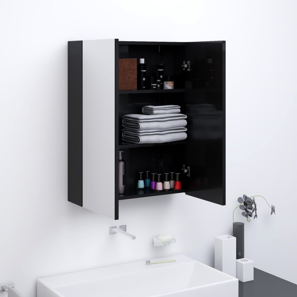 Armario de espejo de baño MDF negro brillante 60x15x75