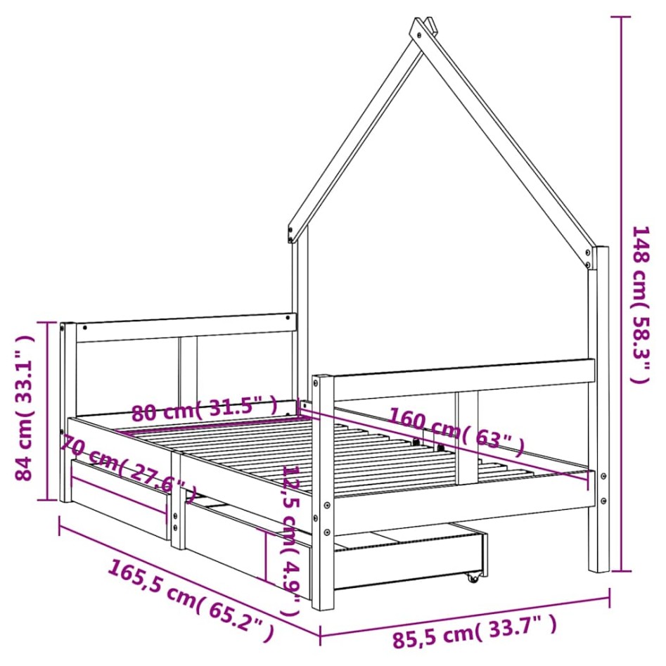 Estructura de cama infantil con cajones madera de pino