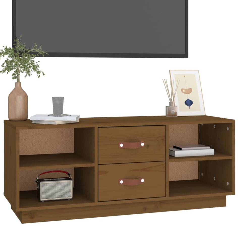 Mueble de TV madera maciza de pino marrón miel 100x34x40