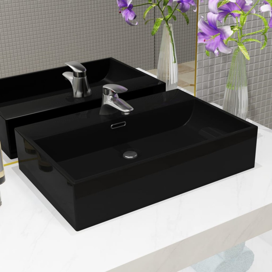 Lavabo con orificio para grifo cerámica negro 60,5x42,5x14,5