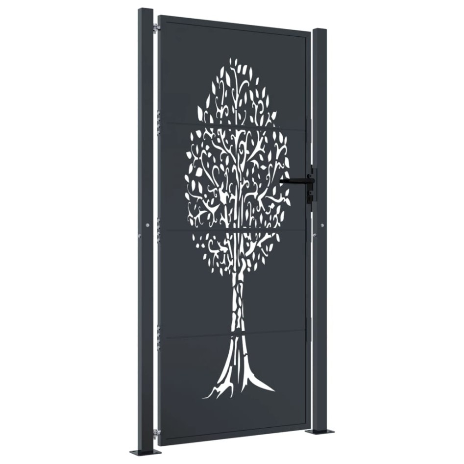 Puerta de jardín acero gris antracita diseño árbol 105x180