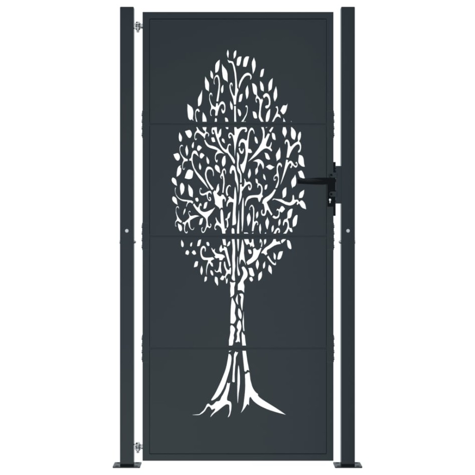 Puerta de jardín acero gris antracita diseño árbol 105x180