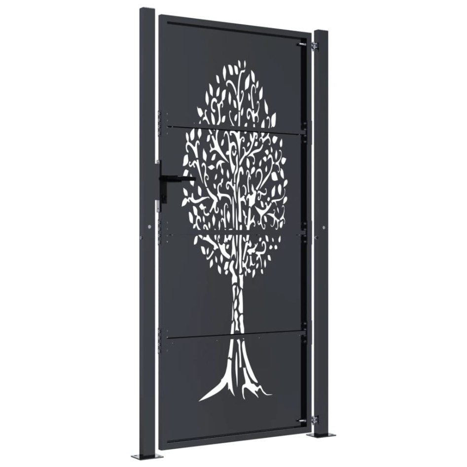 Puerta de jardín acero gris antracita diseño árbol 105x180