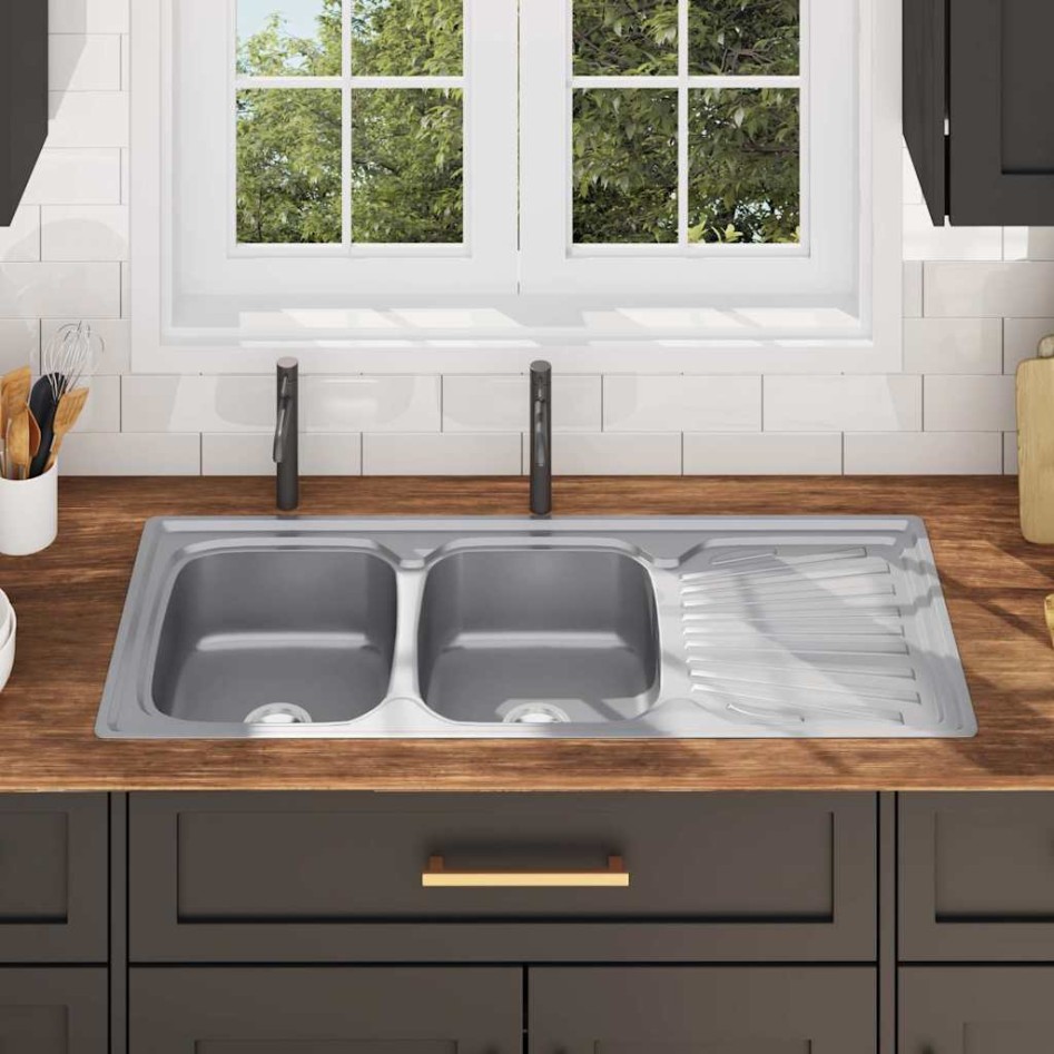 Fregadero de doble seno con colador y sifón de acero