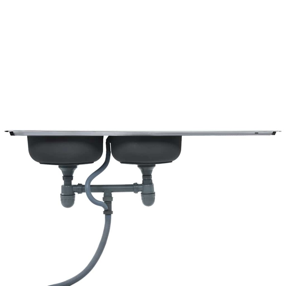 Fregadero de doble seno con colador y sifón de acero