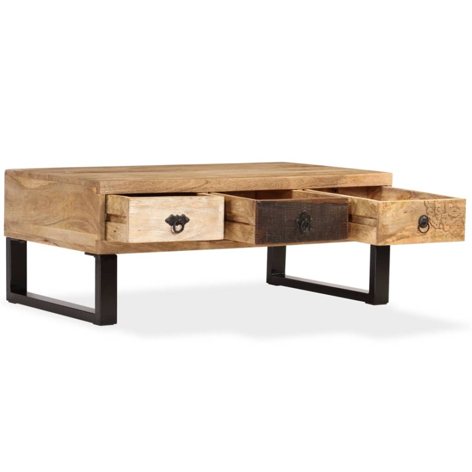 Mesa de centro con 3 cajones madera maciza de mango 90x50x35