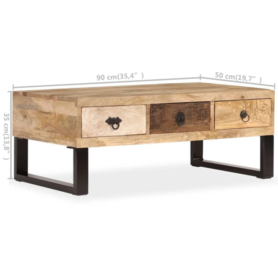 Mesa de centro con 3 cajones madera maciza de mango 90x50x35