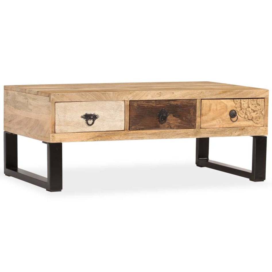 Mesa de centro con 3 cajones madera maciza de mango 90x50x35