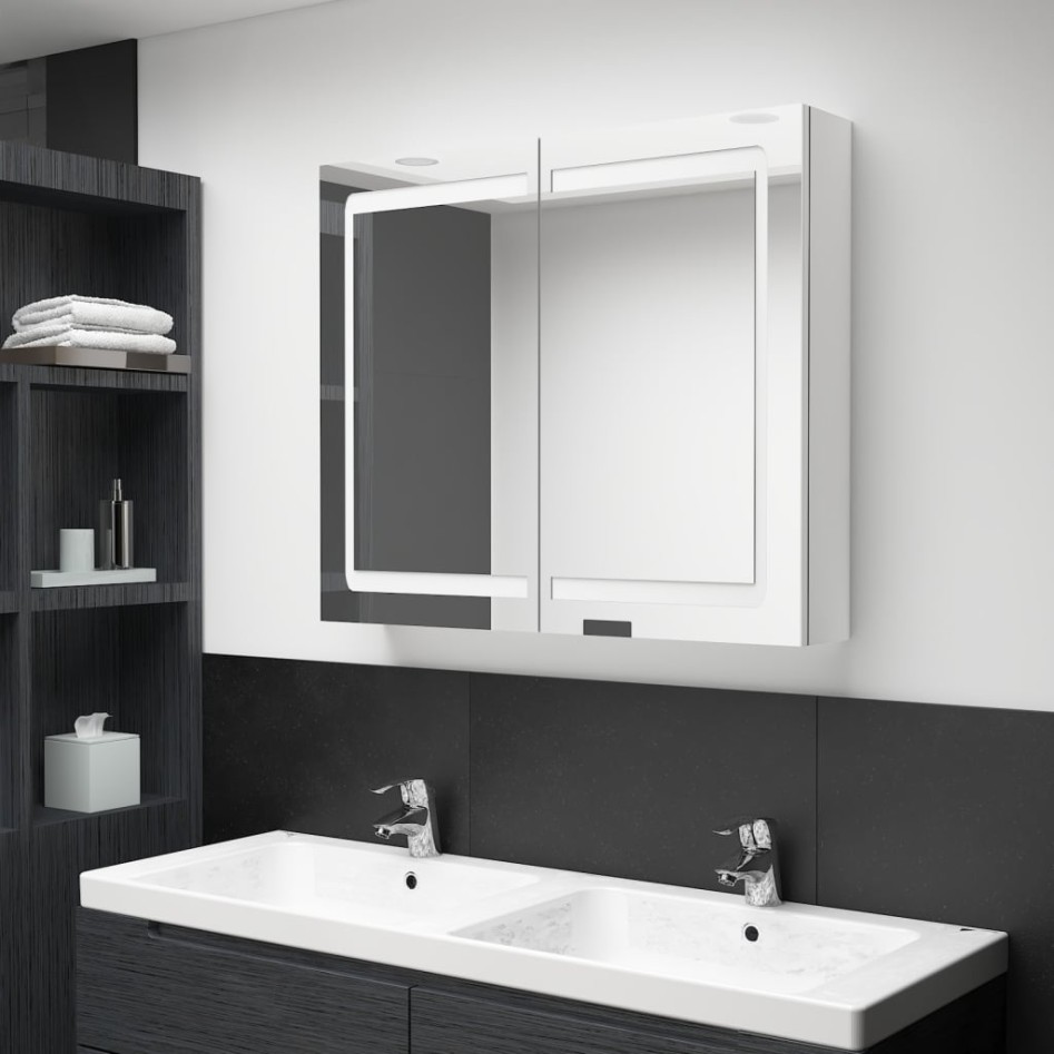 Armario de baño con espejo LED blanco brillante 80x12x68