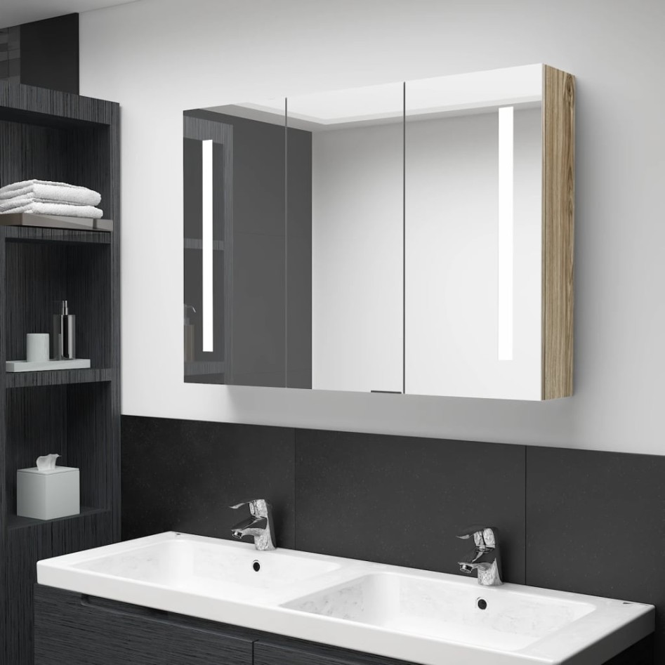 Mueble de baño con espejo LED color roble 89x14x62