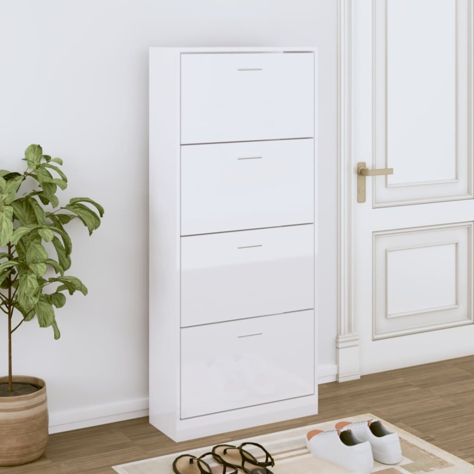 Mueble zapatero madera contrachapada blanco brillo 63x24x147