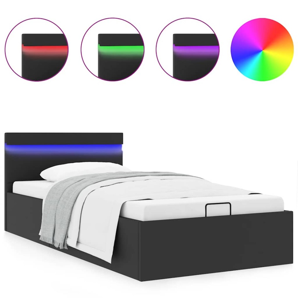 Cama canapé hidráulica con LED sin colchón negra 90x200