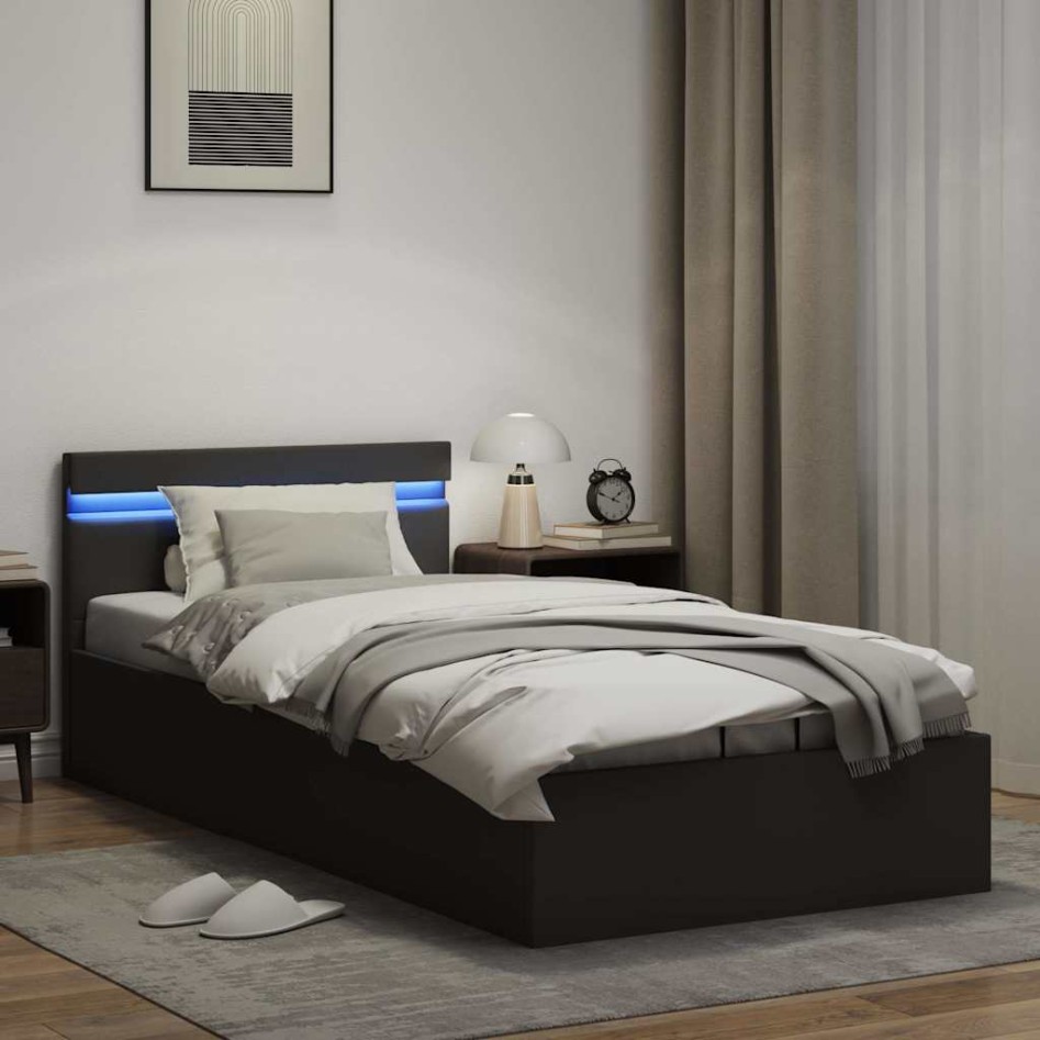 Cama canapé hidráulica con LED sin colchón negra 90x200