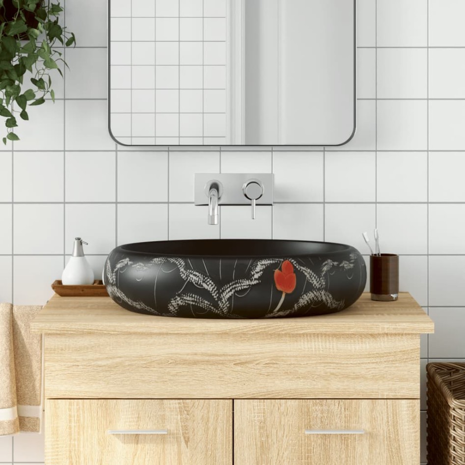 Lavabo sobre encimera ovalado cerámica negro 59x40x15