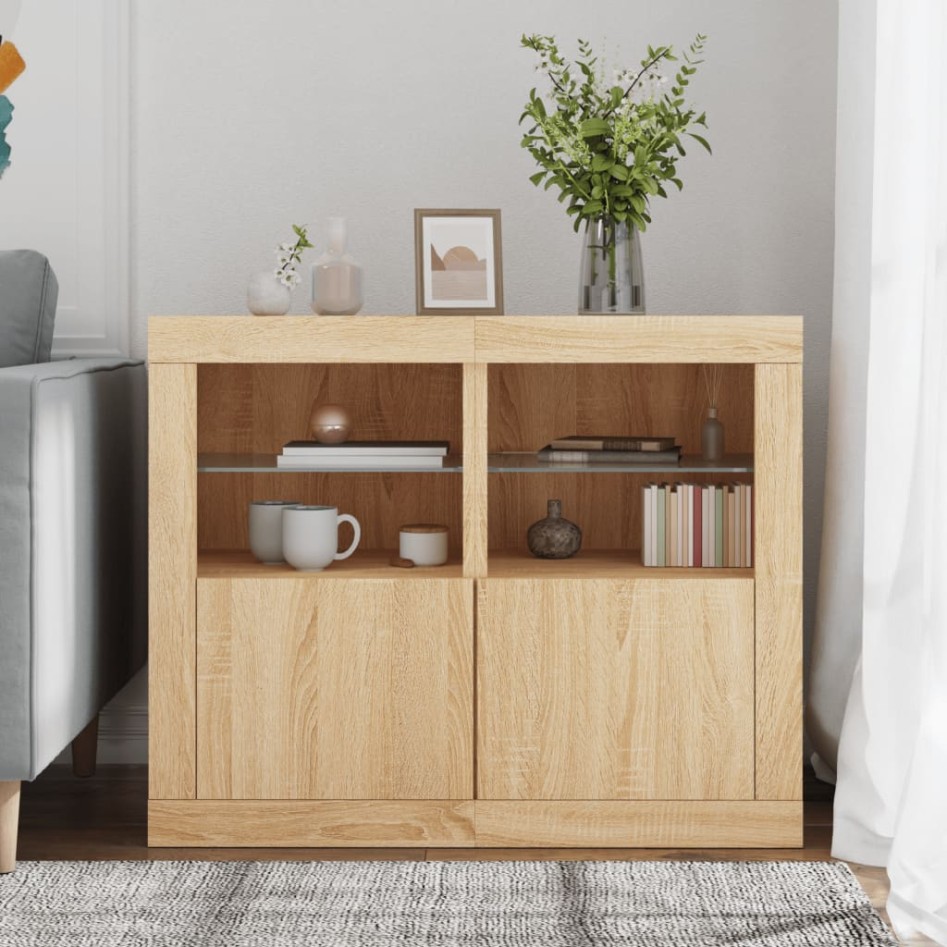 Mesitas de noche luces LED 2 uds madera ingeniería roble