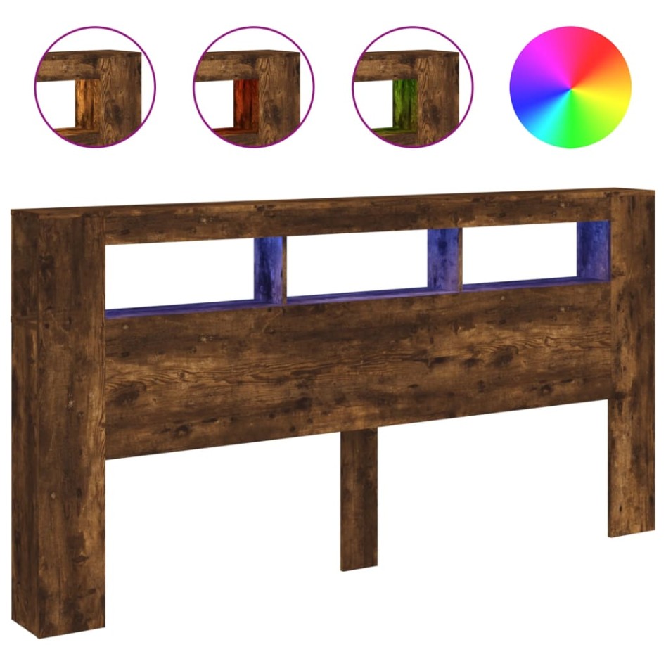 Cabecero LED madera ingeniería roble ahumado 200x18,5x103,5