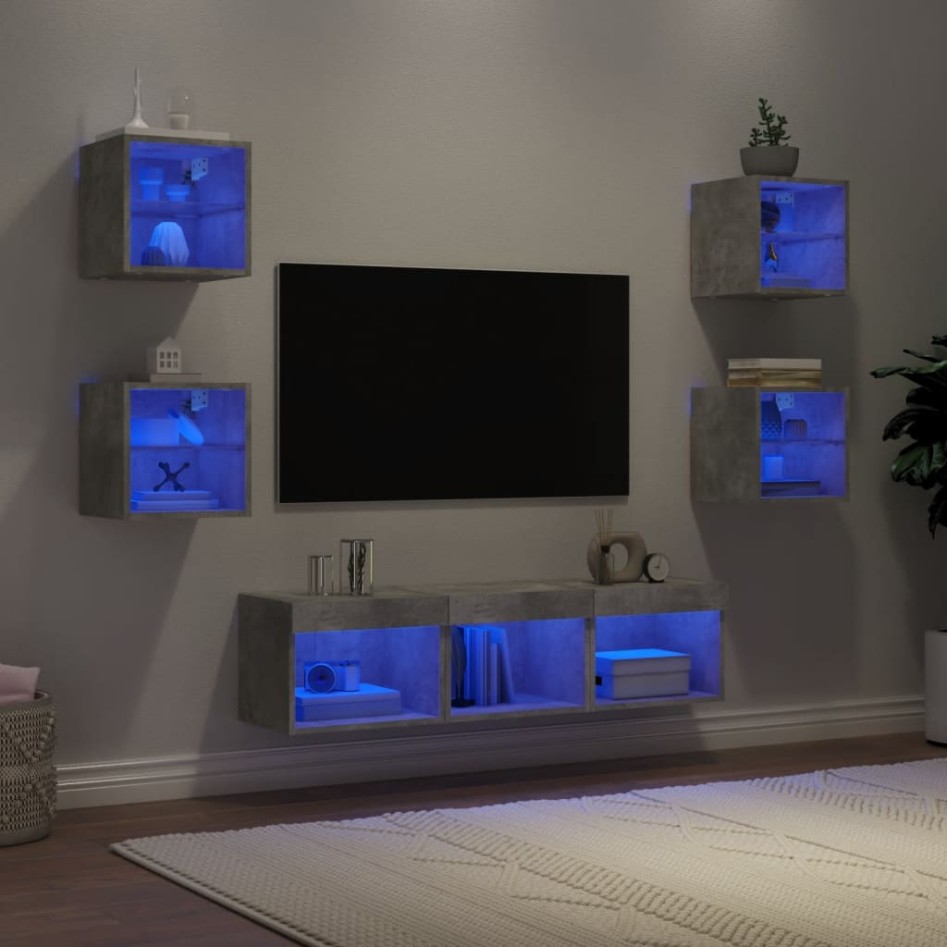Muebles TV pared con LED 7 pzas madera ingeniería gris