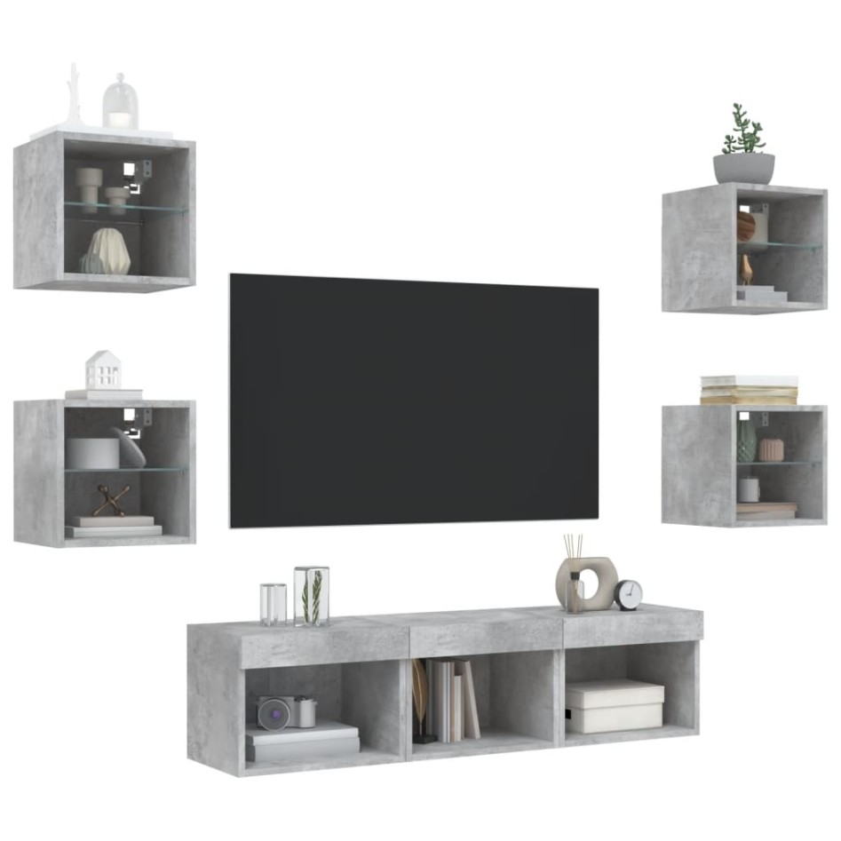 Muebles TV pared con LED 7 pzas madera ingeniería gris