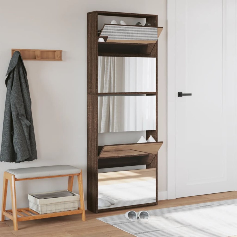 Mueble zapatero y espejo 5 niveles roble marrón 63x17x169,5