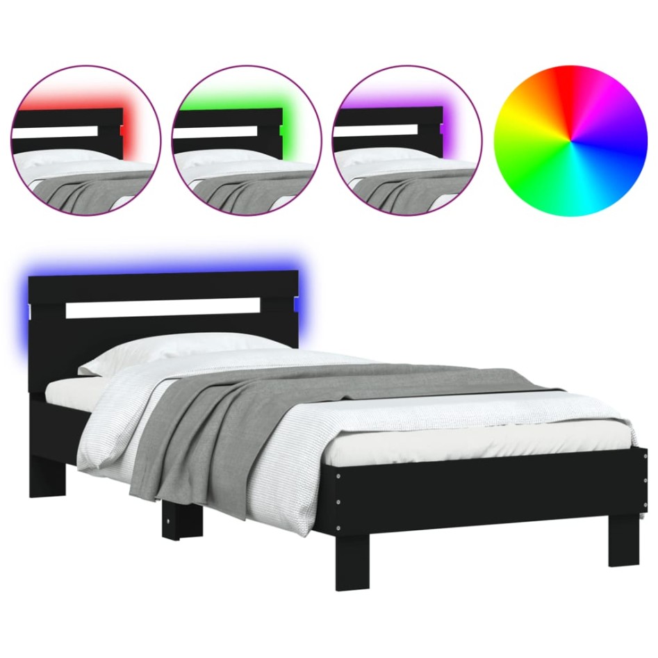 Estructura de cama con cabecero y luces LED negro 90x200