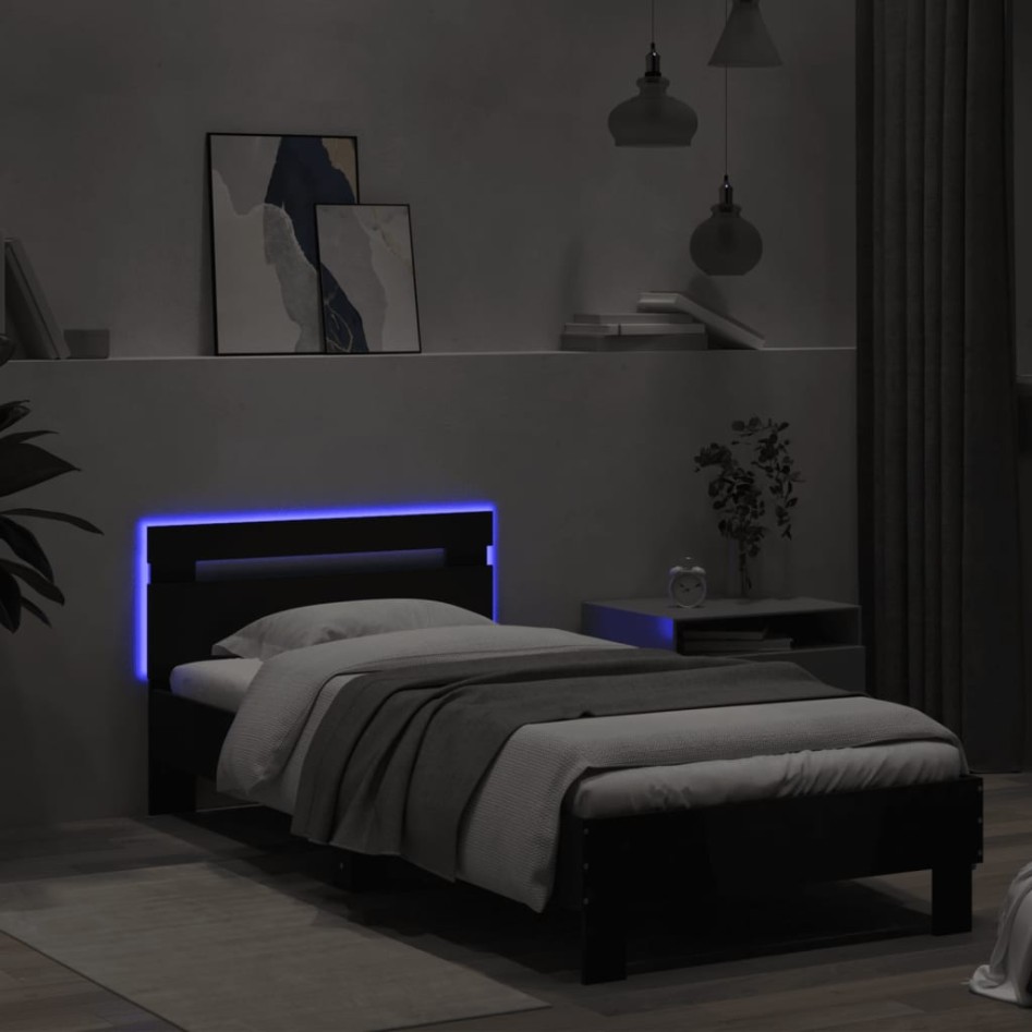 Estructura de cama con cabecero y luces LED negro 90x200