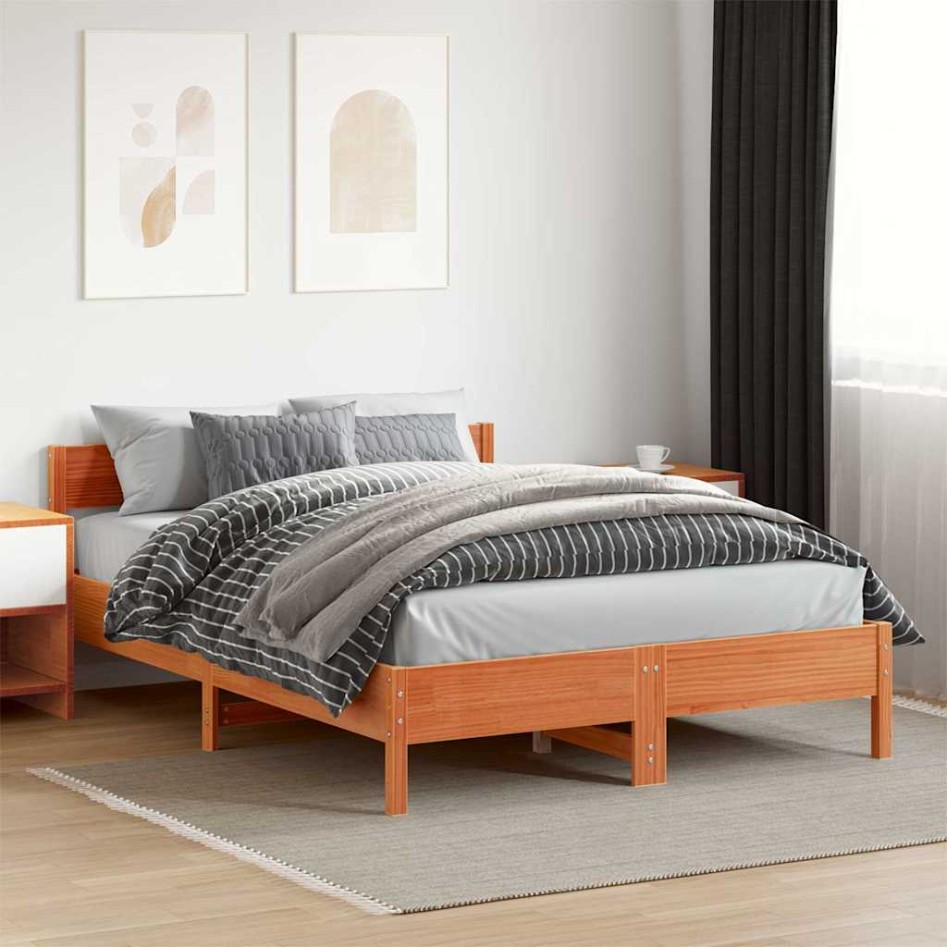 Cama sin colchón madera maciza pino marrón cera 150x200