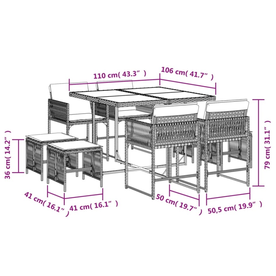 Set comedor de jardín 9 pzas con cojines ratán sintético