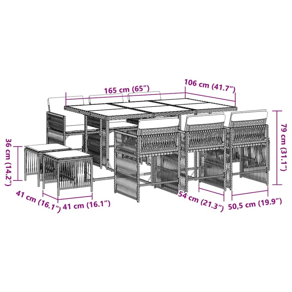 Set de comedor jardín 11 pzas con cojines ratán sintético