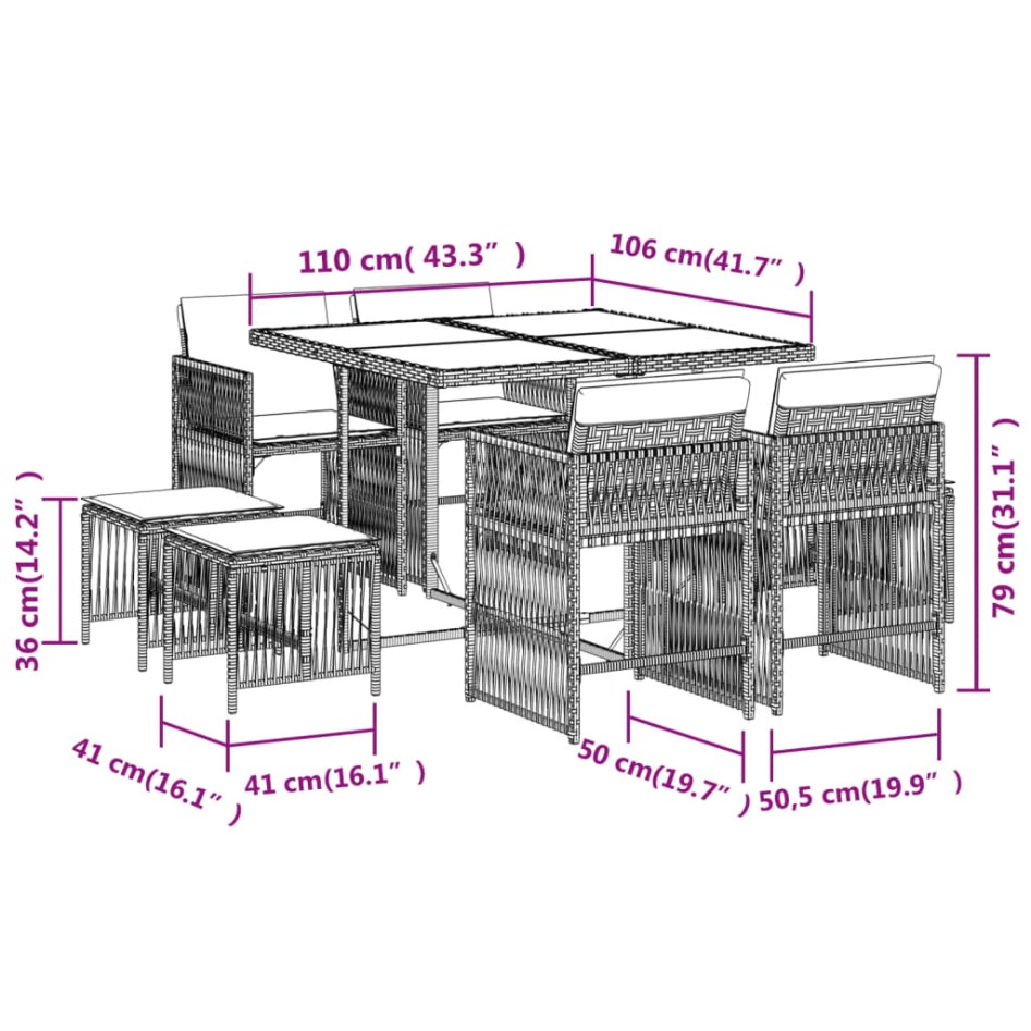 Set comedor de jardín 9 pzas con cojines ratán sintético