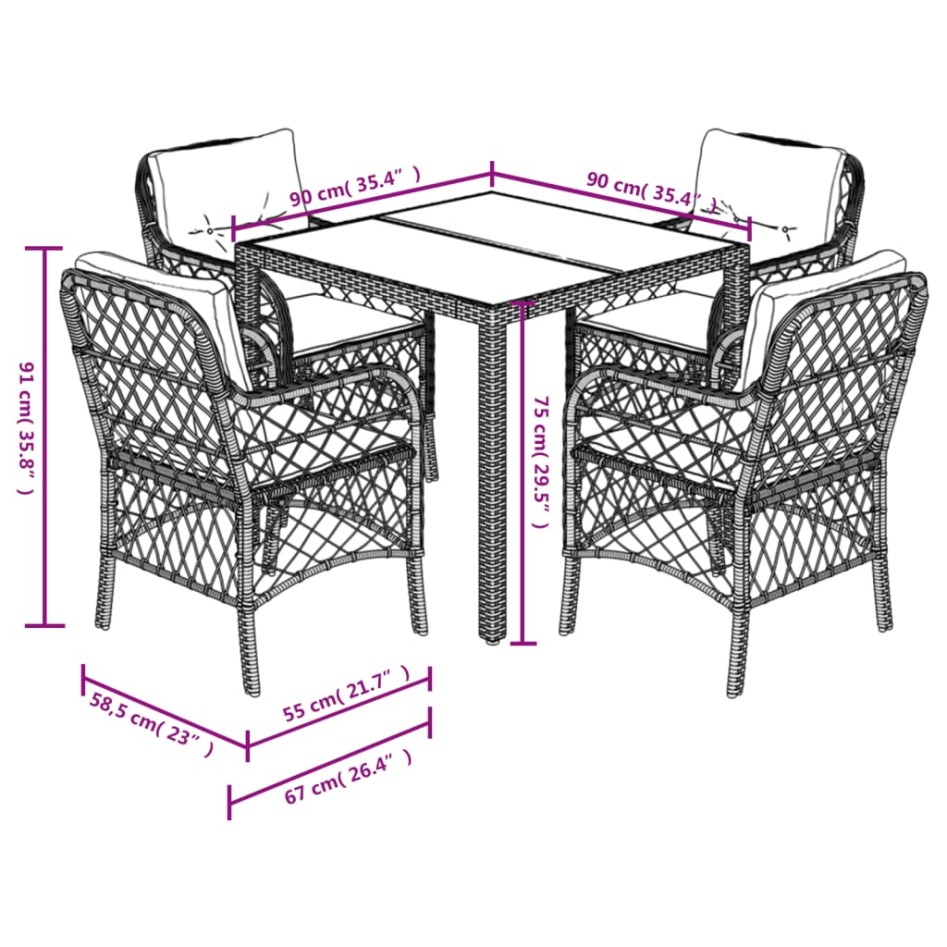 Set comedor de jardín 5 piezas con cojines ratán sintético