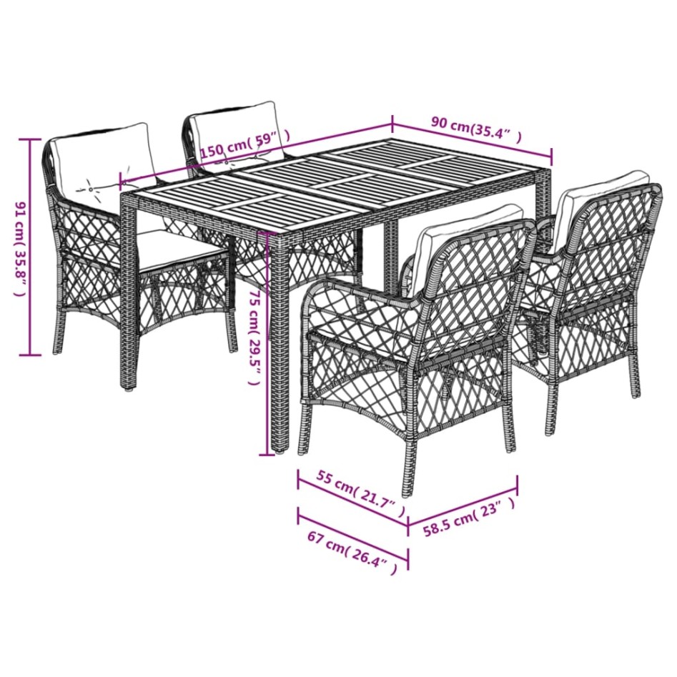 Set comedor de jardín 5 piezas con cojines ratán sintético