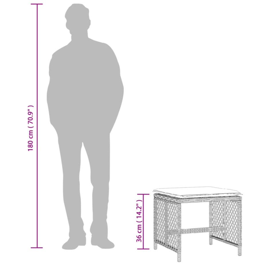 Taburetes jardín y cojines 4 uds ratán PE gris claro