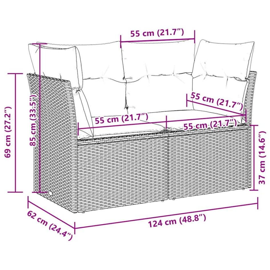 Sofá de jardín con cojines 2 plazas ratán sintético gris