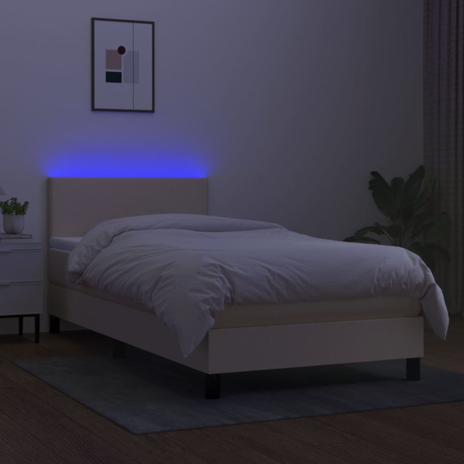 Cama box spring con colchón y LED tela crema 80x200