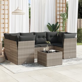 Set de sofás de jardín 7 pzas con cojines ratán PE gris