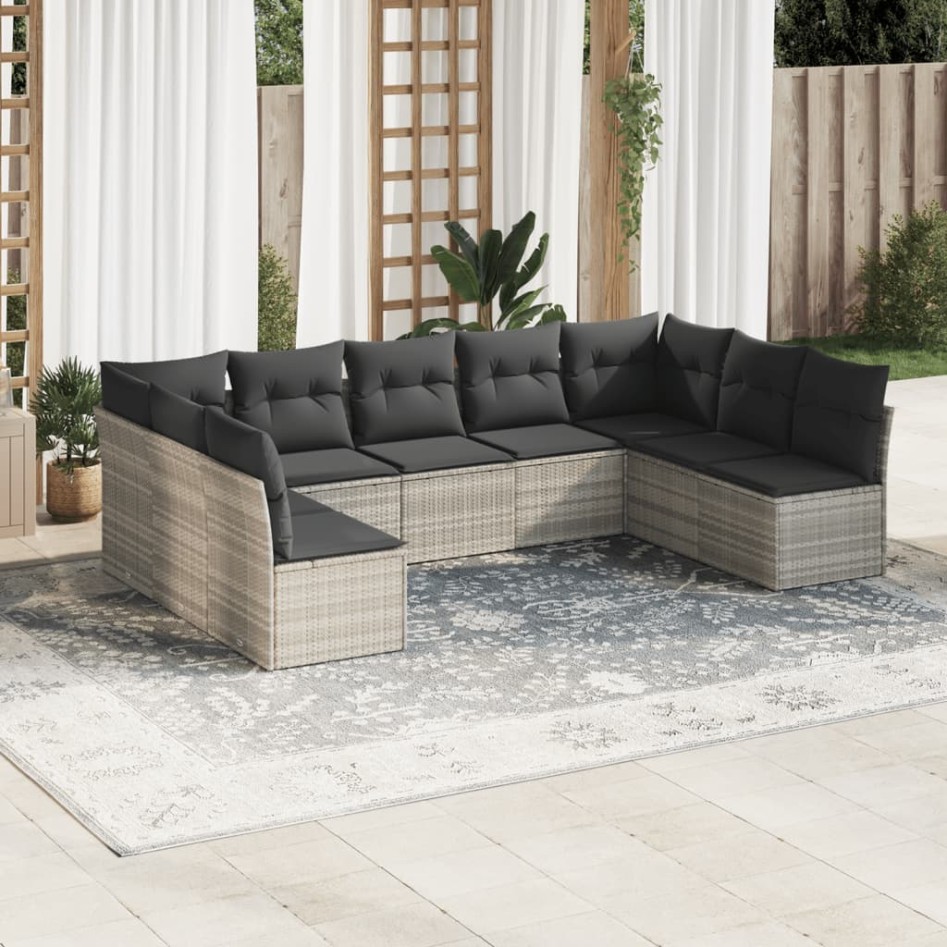 Set muebles jardín 9 pzas y cojines ratán sintético gris